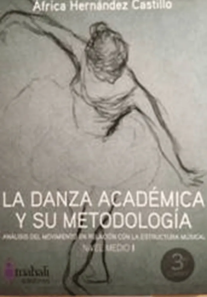 Portada del libro La danza académica y su metodología. Nivel Medio I de África Hernández Castillo. La imagen de fondo muestra un dibujo en tonos grises de una bailarina en movimiento, destacando la conexión entre técnica y expresión en la danza clásica. Publicado por Mahali Ediciones.