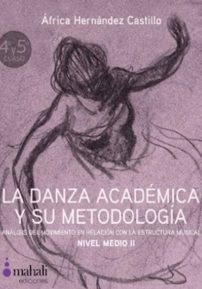 Portada del libro La danza académica y su metodología. Nivel Medio II de África Hernández Castillo. La ilustración en tonos morados muestra un boceto artístico de una bailarina en movimiento, representando el estudio de los cursos cuarto y quinto del sistema Vagánova. Publicado por Mahali Ediciones.