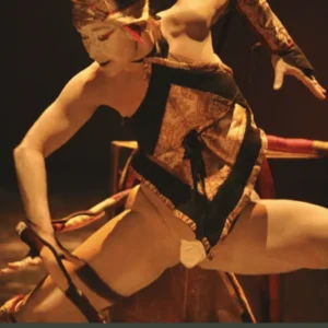 Portada del libro Flor Salvaje. Danzar Carlotta Ikeda de Anna Ventura Natsuki, con traducción de Rafael Ricart García. La imagen muestra a la bailarina japonesa Carlotta Ikeda en plena interpretación de danza Butoh, con maquillaje blanco, vestuario escénico y una pose expresiva y dinámica.